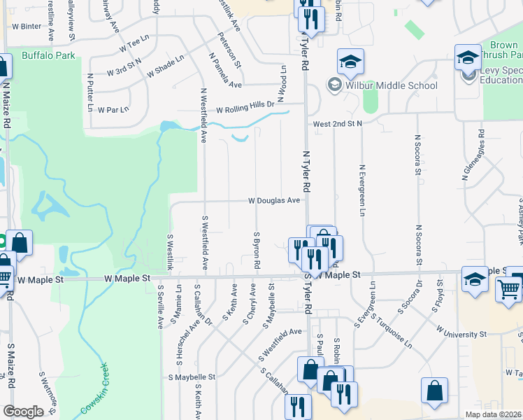map of restaurants, bars, coffee shops, grocery stores, and more near 101 South Byron Road in Wichita