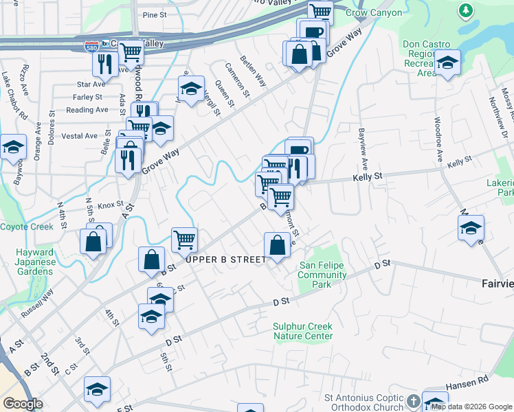 map of restaurants, bars, coffee shops, grocery stores, and more near 22598 Arlette Avenue in Hayward