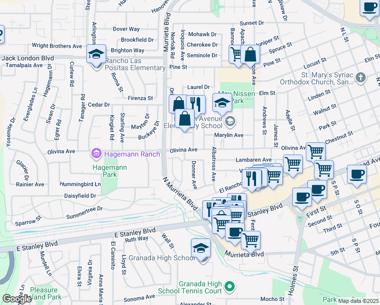 map of restaurants, bars, coffee shops, grocery stores, and more near 745 Olivina Avenue in Livermore