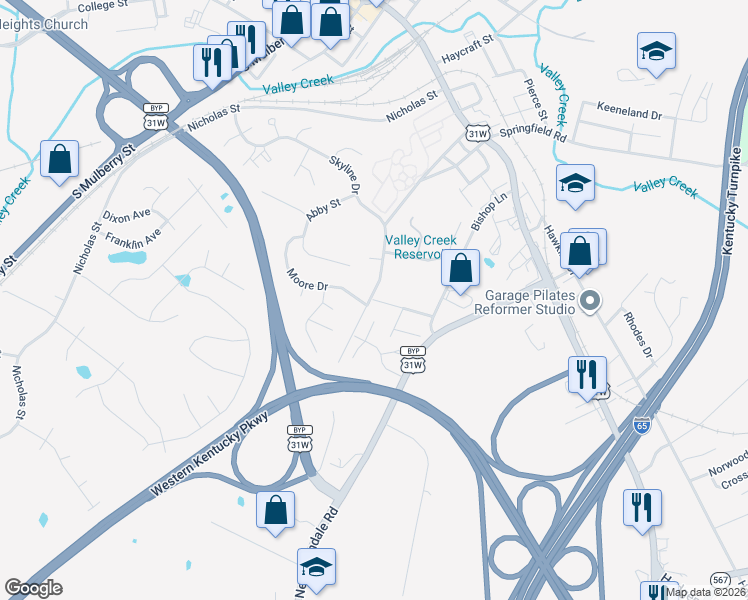 map of restaurants, bars, coffee shops, grocery stores, and more near 501 Glencrest Avenue in Elizabethtown
