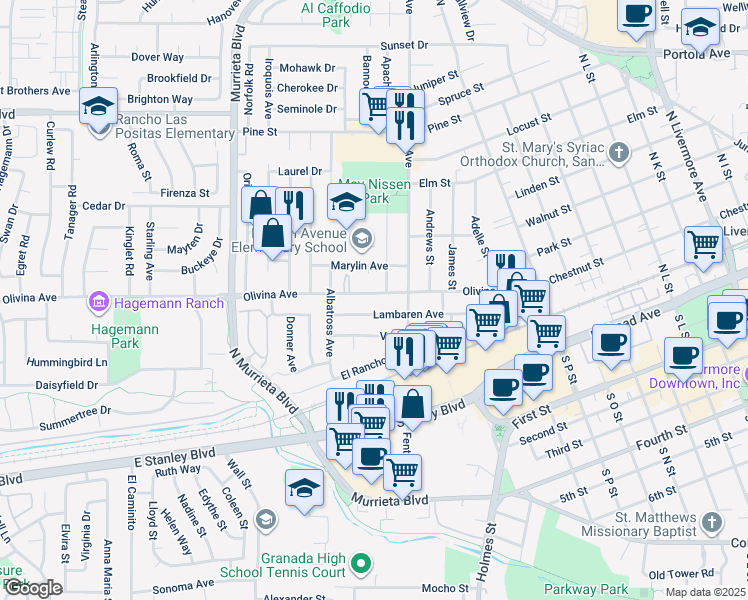 map of restaurants, bars, coffee shops, grocery stores, and more near 855 Olivina Avenue in Livermore
