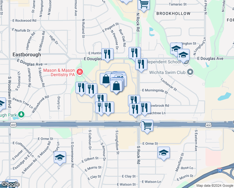 map of restaurants, bars, coffee shops, grocery stores, and more near 7700 East Kellogg Drive in Wichita
