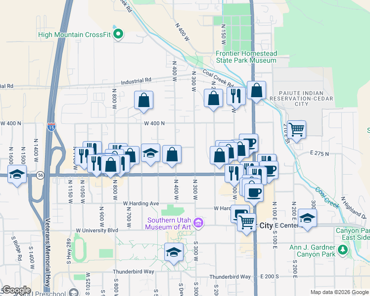 map of restaurants, bars, coffee shops, grocery stores, and more near 314 North 400 West in Cedar City