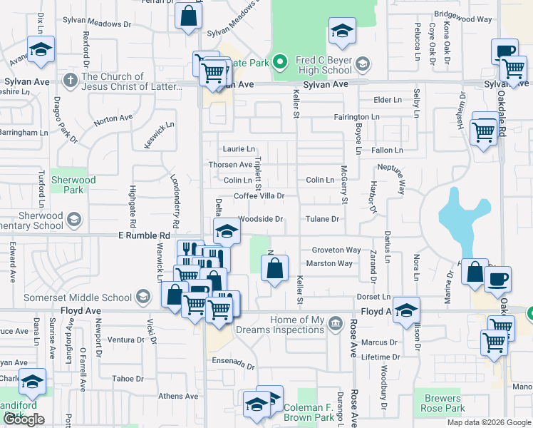 map of restaurants, bars, coffee shops, grocery stores, and more near 3100 Burtano Court in Modesto