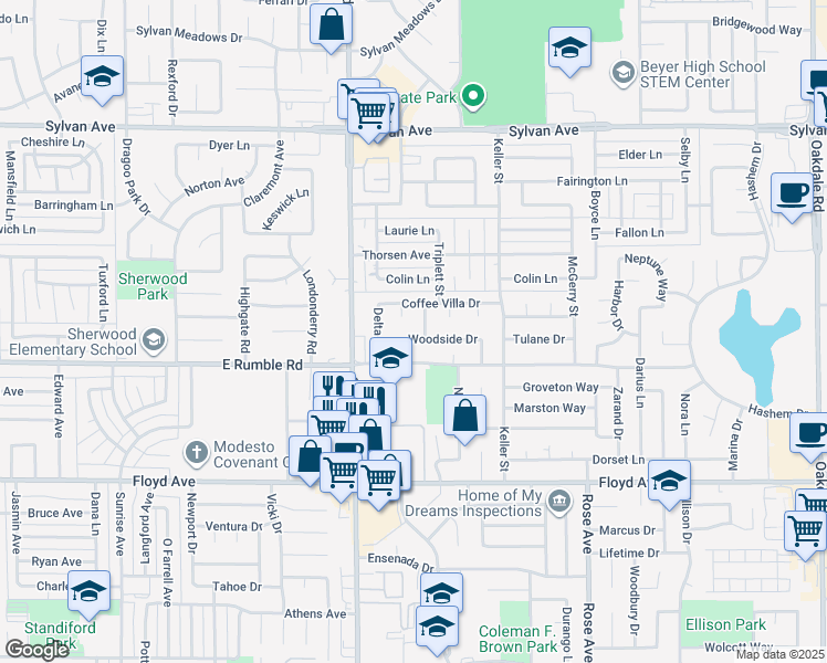 map of restaurants, bars, coffee shops, grocery stores, and more near 3105 Elgin Way in Modesto