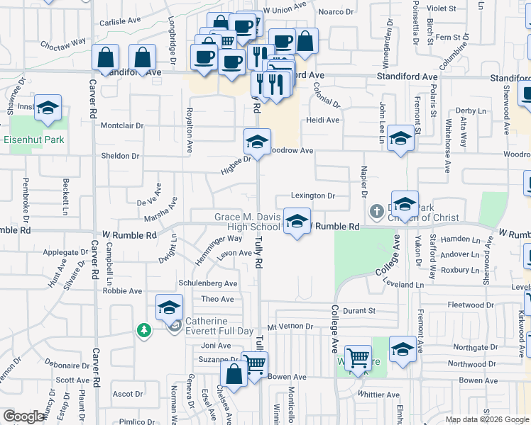 map of restaurants, bars, coffee shops, grocery stores, and more near 3015 Tully Road in Modesto