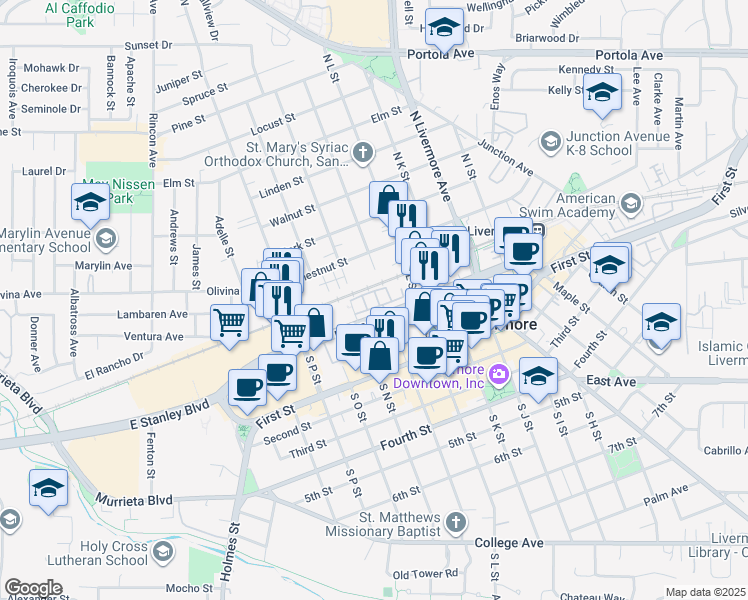 map of restaurants, bars, coffee shops, grocery stores, and more near 153 Zephyr Place in Livermore
