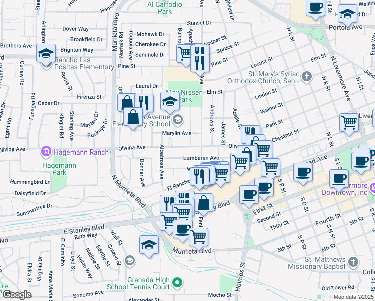 map of restaurants, bars, coffee shops, grocery stores, and more near 856 Olivina Avenue in Livermore