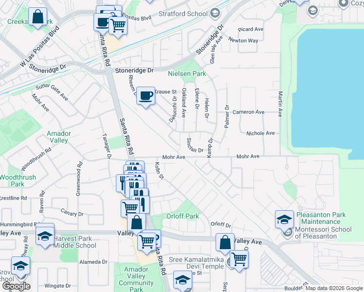 map of restaurants, bars, coffee shops, grocery stores, and more near 4258 Katie Lane in Pleasanton