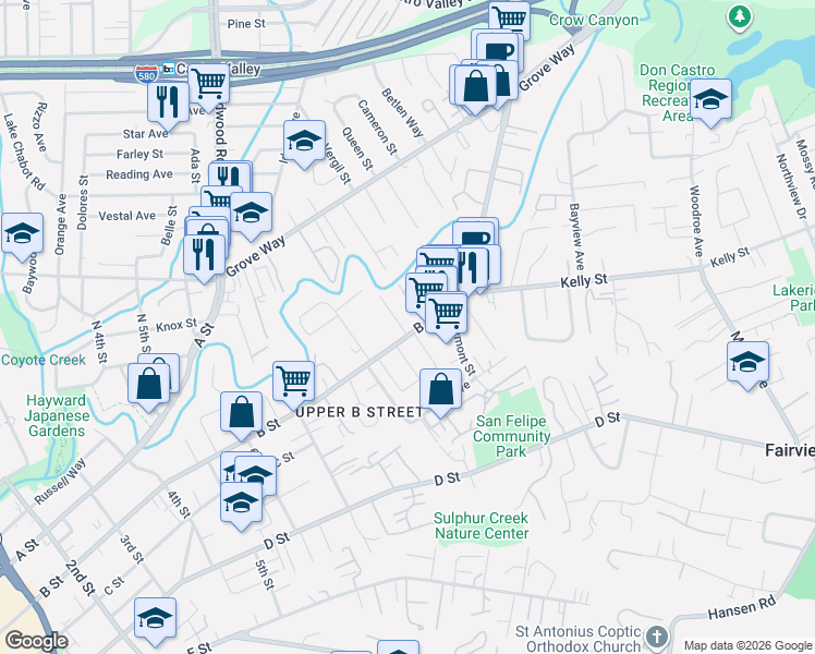 map of restaurants, bars, coffee shops, grocery stores, and more near 22598 Arlette Avenue in Hayward