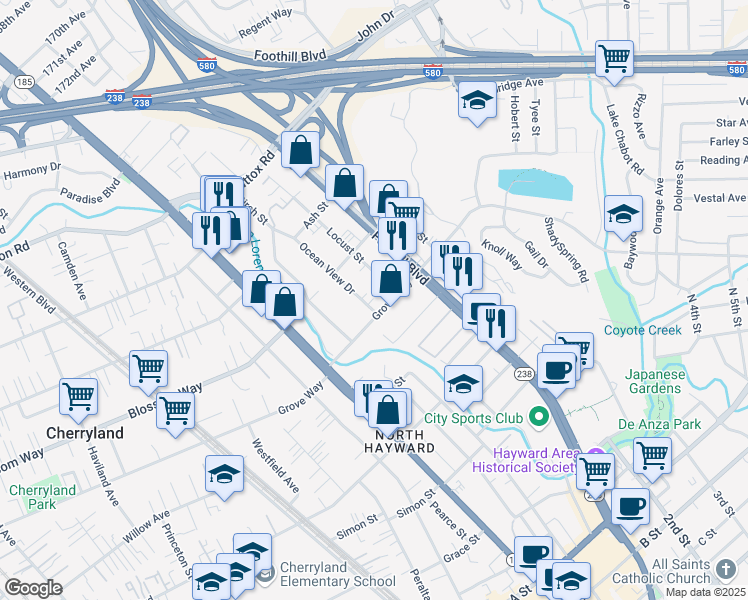 map of restaurants, bars, coffee shops, grocery stores, and more near 21438 Ocean View Drive in Hayward