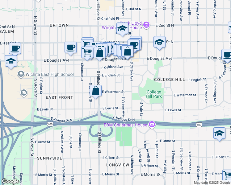 map of restaurants, bars, coffee shops, grocery stores, and more near 3418 East Waterman Street in Wichita