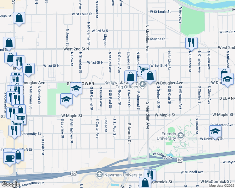 map of restaurants, bars, coffee shops, grocery stores, and more near 107 Gordon South in Wichita