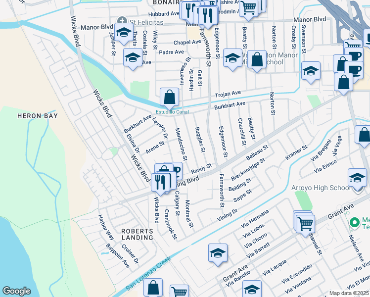 map of restaurants, bars, coffee shops, grocery stores, and more near 15356 Mendocino Street in San Leandro