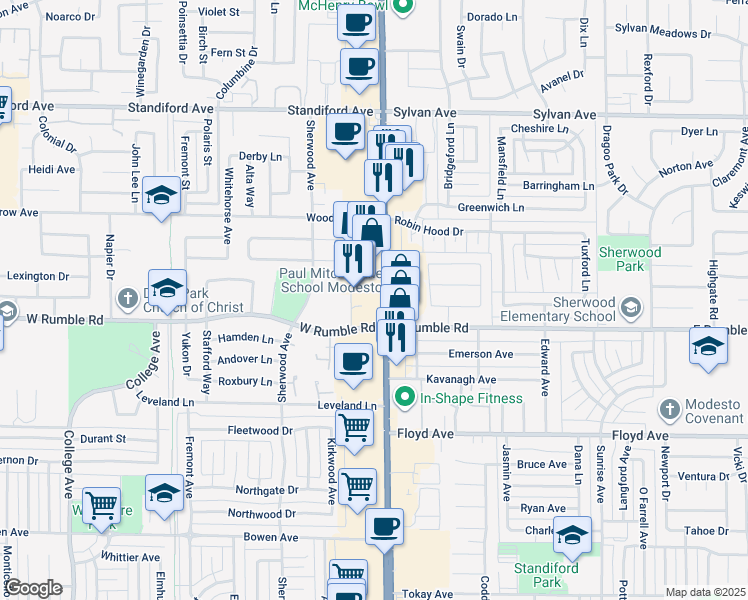 map of restaurants, bars, coffee shops, grocery stores, and more near 3013 McHenry Ave in Modesto