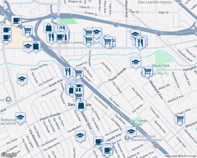 map of restaurants, bars, coffee shops, grocery stores, and more near 15941 Via Granada in San Lorenzo