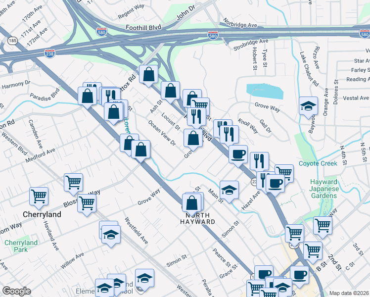 map of restaurants, bars, coffee shops, grocery stores, and more near 21438 Ocean View Drive in Hayward
