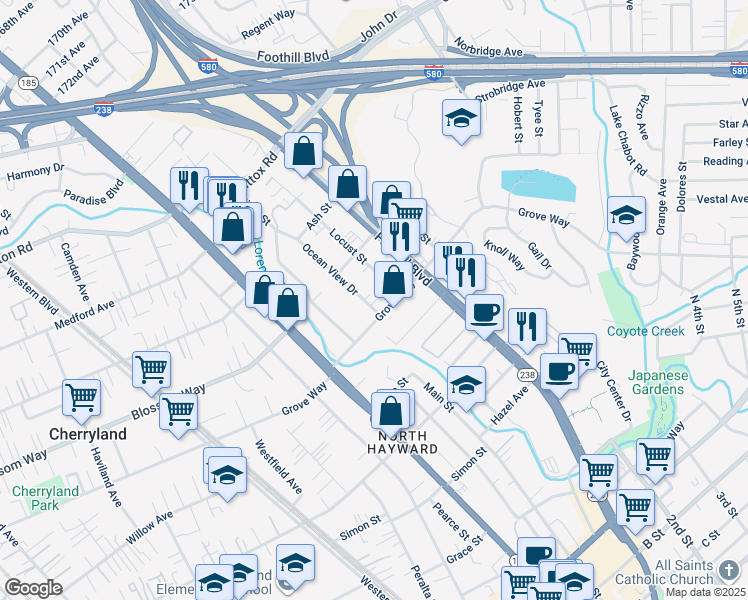 map of restaurants, bars, coffee shops, grocery stores, and more near 21462 Ocean View Drive in Hayward