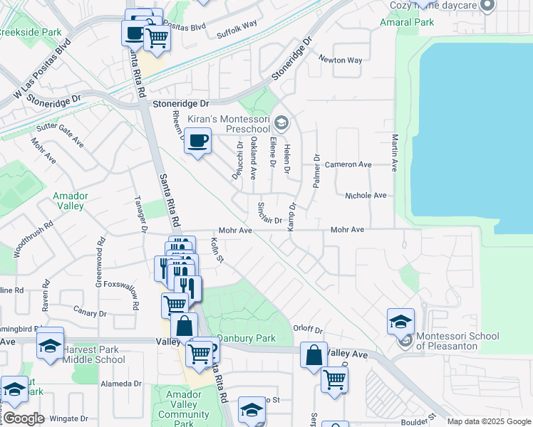 map of restaurants, bars, coffee shops, grocery stores, and more near 1817 Sinclair Drive in Pleasanton