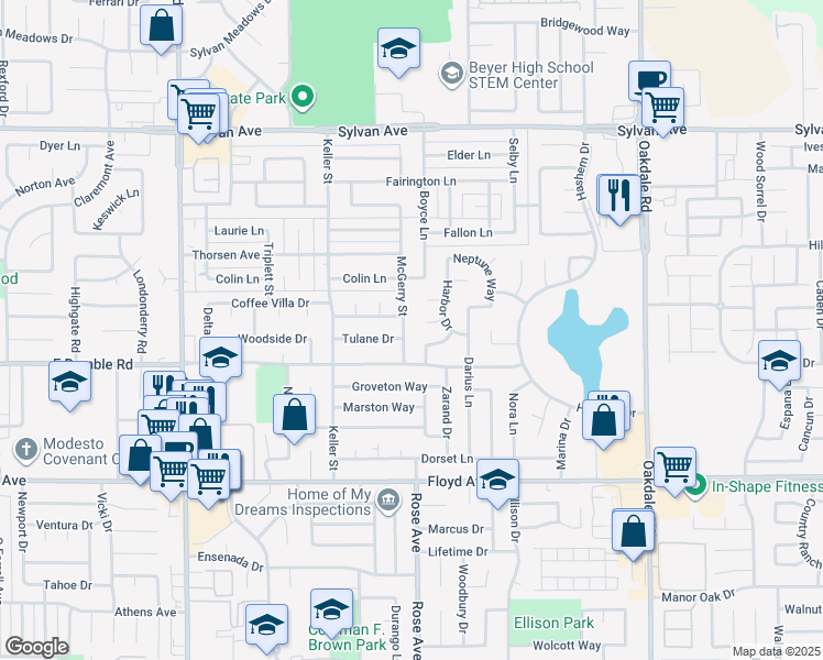 map of restaurants, bars, coffee shops, grocery stores, and more near 3020 McGerry Street in Modesto