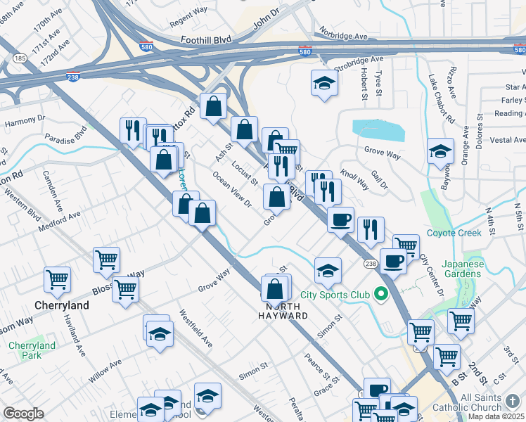 map of restaurants, bars, coffee shops, grocery stores, and more near 21438 Ocean View Drive in Hayward