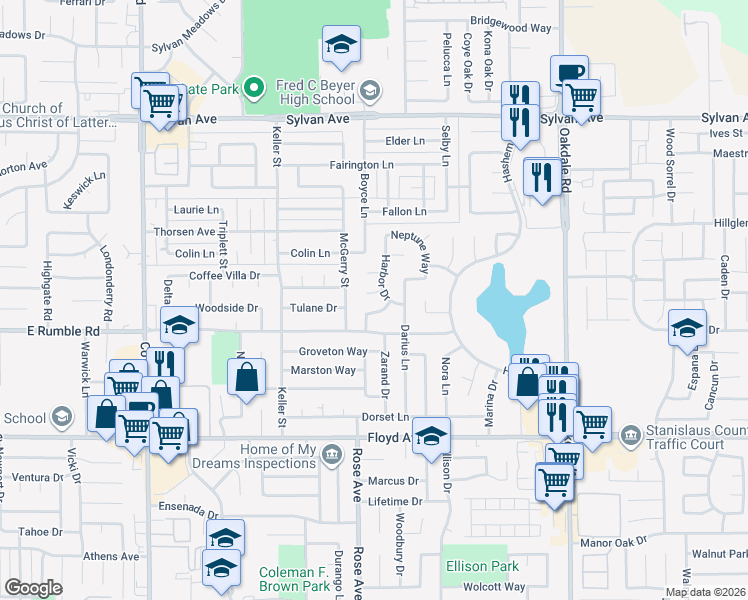 map of restaurants, bars, coffee shops, grocery stores, and more near 1813 Mansur Cove in Modesto