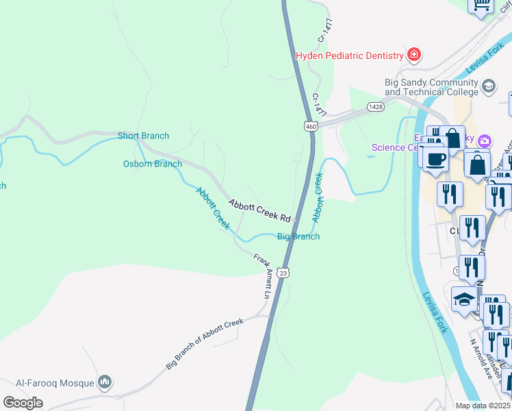 map of restaurants, bars, coffee shops, grocery stores, and more near 176 Abbott Creek Road in Prestonsburg