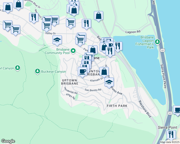 map of restaurants, bars, coffee shops, grocery stores, and more near 339 Monterey Street in Brisbane