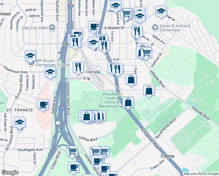 map of restaurants, bars, coffee shops, grocery stores, and more near 370 F Street in Colma