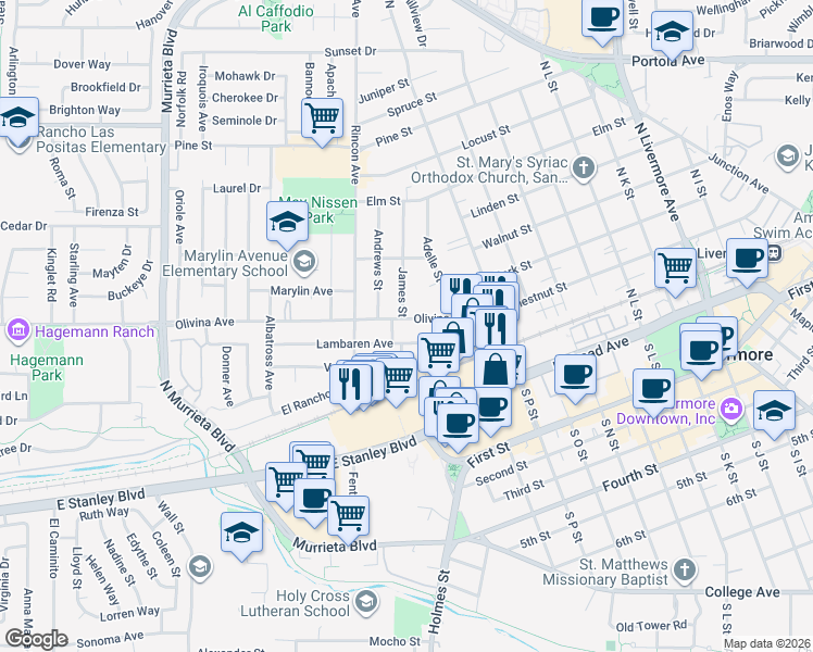 map of restaurants, bars, coffee shops, grocery stores, and more near 1277 Olivina Avenue in Livermore