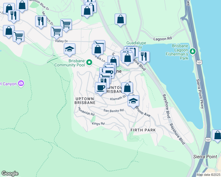 map of restaurants, bars, coffee shops, grocery stores, and more near 335 Monterey Street in Brisbane