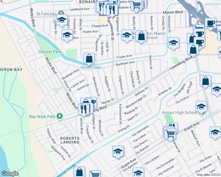 map of restaurants, bars, coffee shops, grocery stores, and more near 15359 Farnsworth Street in San Leandro