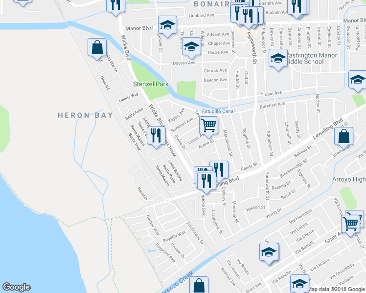 map of restaurants, bars, coffee shops, grocery stores, and more near Elvina Drive & Lanier Avenue in San Leandro