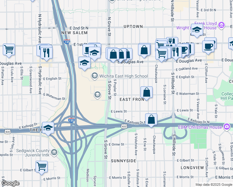 map of restaurants, bars, coffee shops, grocery stores, and more near 234 South Poplar Street in Wichita