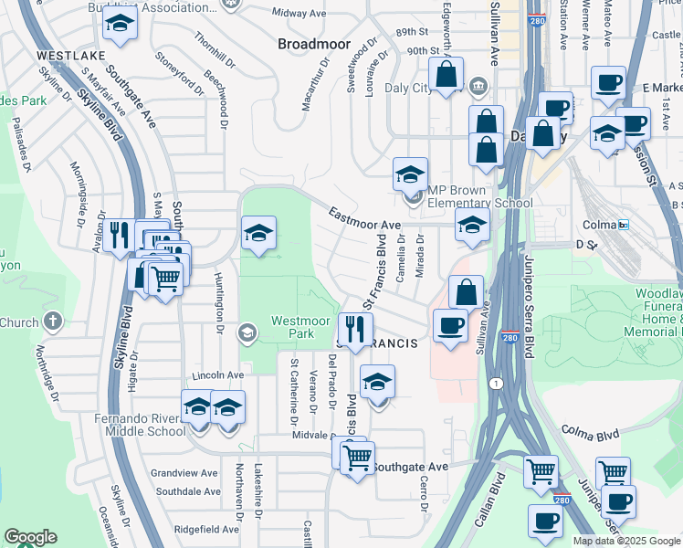map of restaurants, bars, coffee shops, grocery stores, and more near Saint James Court in Daly City