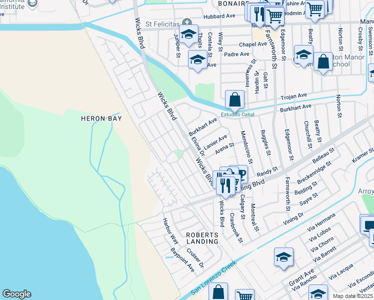 map of restaurants, bars, coffee shops, grocery stores, and more near 145 Santa Teresa in San Leandro