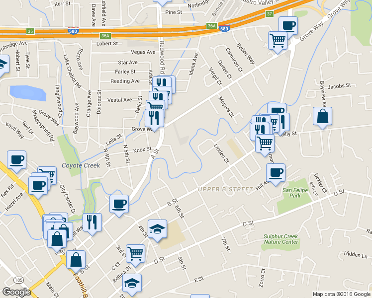 map of restaurants, bars, coffee shops, grocery stores, and more near 2441 Grove Way in Hayward
