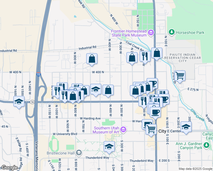 map of restaurants, bars, coffee shops, grocery stores, and more near 314 North 400 West in Cedar City