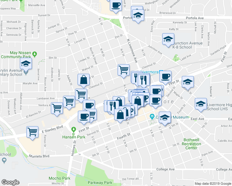 map of restaurants, bars, coffee shops, grocery stores, and more near 1976 Locomotive Lane in Livermore