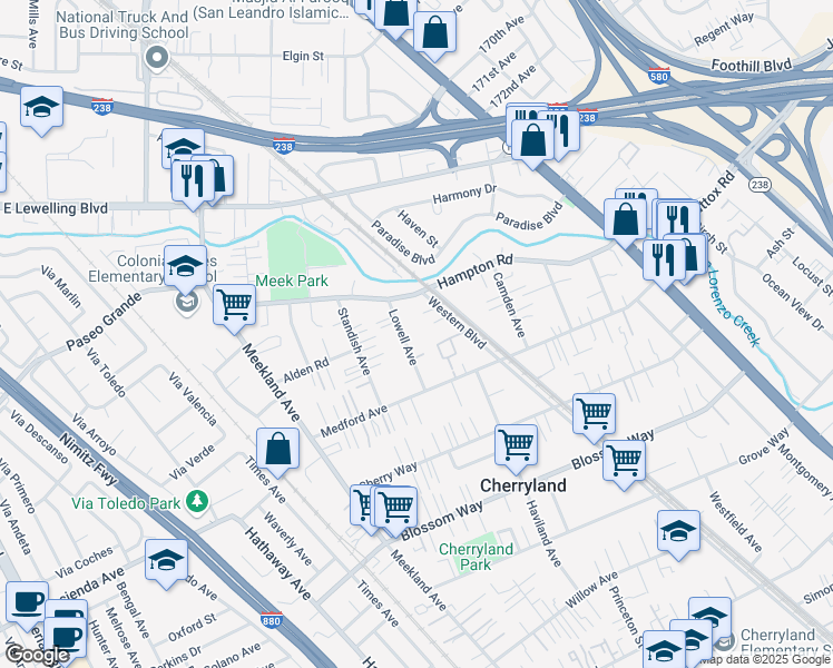 map of restaurants, bars, coffee shops, grocery stores, and more near 18948 Lowell Avenue in Hayward