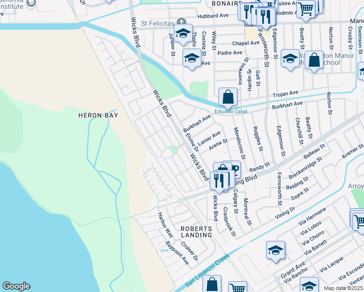 map of restaurants, bars, coffee shops, grocery stores, and more near 145 Santa Teresa in San Leandro