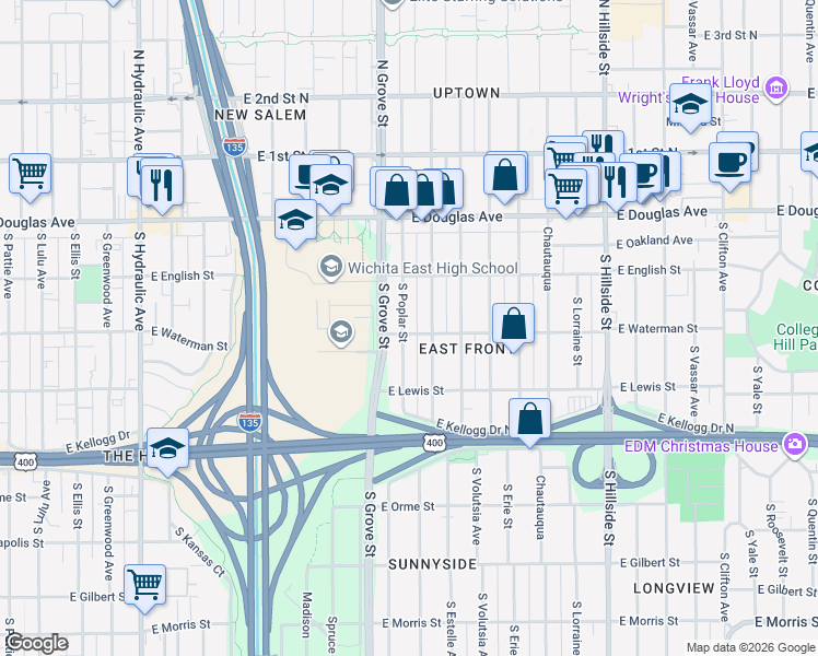 map of restaurants, bars, coffee shops, grocery stores, and more near 234 South Poplar Street in Wichita