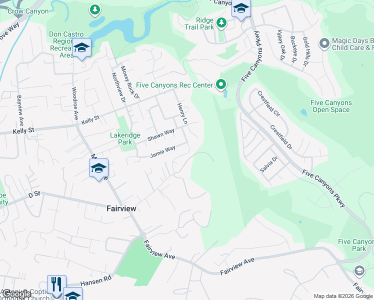 map of restaurants, bars, coffee shops, grocery stores, and more near 23300 Thurston Court in Hayward