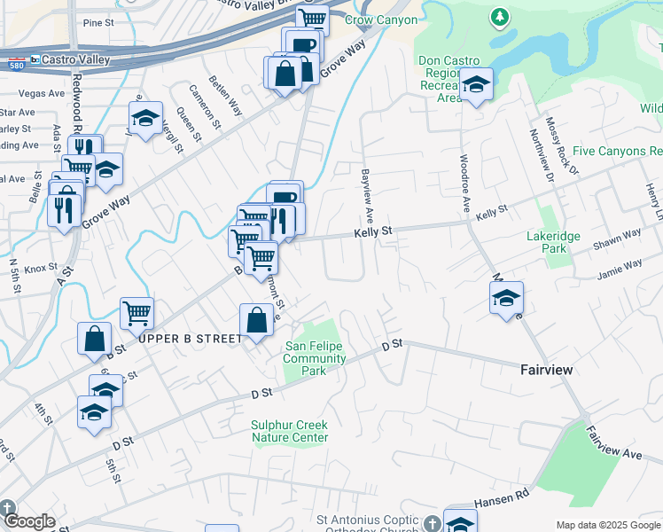 map of restaurants, bars, coffee shops, grocery stores, and more near 22756 Lorand Way in Hayward