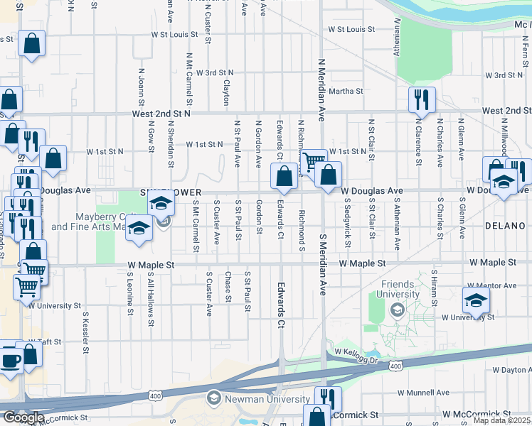 map of restaurants, bars, coffee shops, grocery stores, and more near 132 Gordon South in Wichita