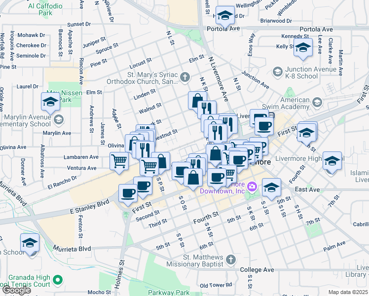 map of restaurants, bars, coffee shops, grocery stores, and more near Zephyr Place in Livermore