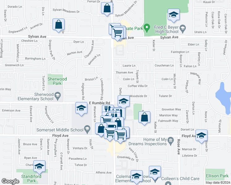 map of restaurants, bars, coffee shops, grocery stores, and more near 3100 Coffee Road in Modesto