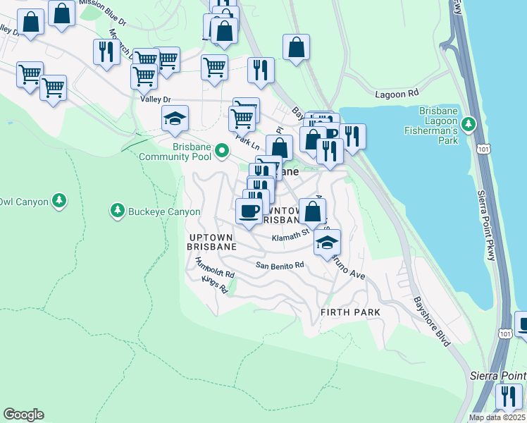 map of restaurants, bars, coffee shops, grocery stores, and more near 213 Visitacion Avenue in Brisbane