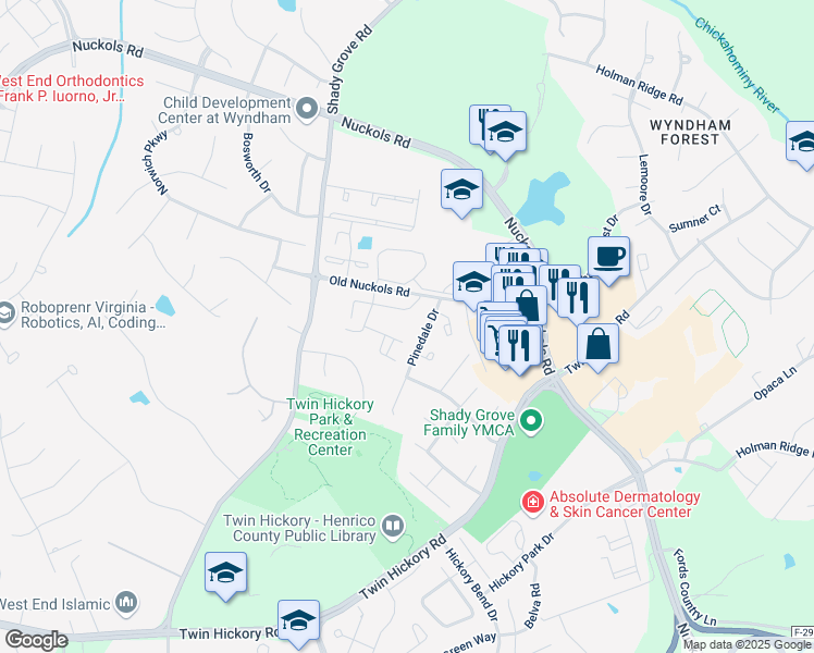 map of restaurants, bars, coffee shops, grocery stores, and more near 1345 New Haven Court in Glen Allen