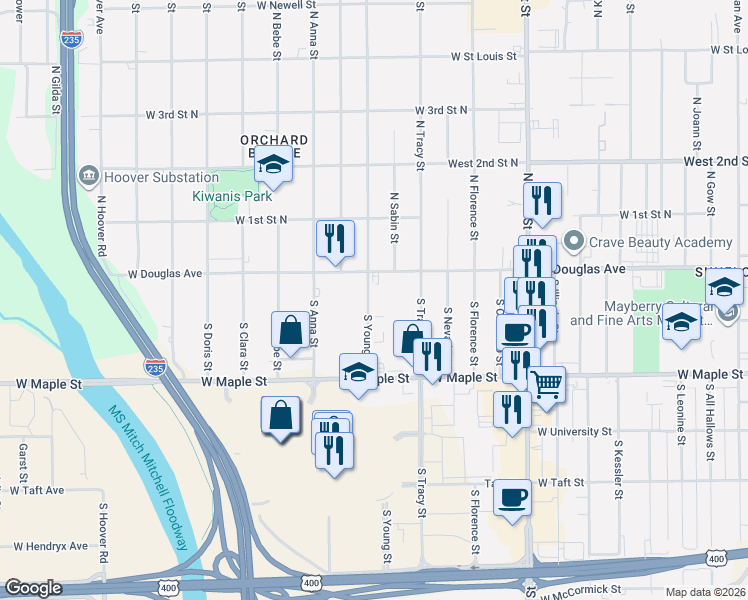map of restaurants, bars, coffee shops, grocery stores, and more near 132 South Young Street in Wichita